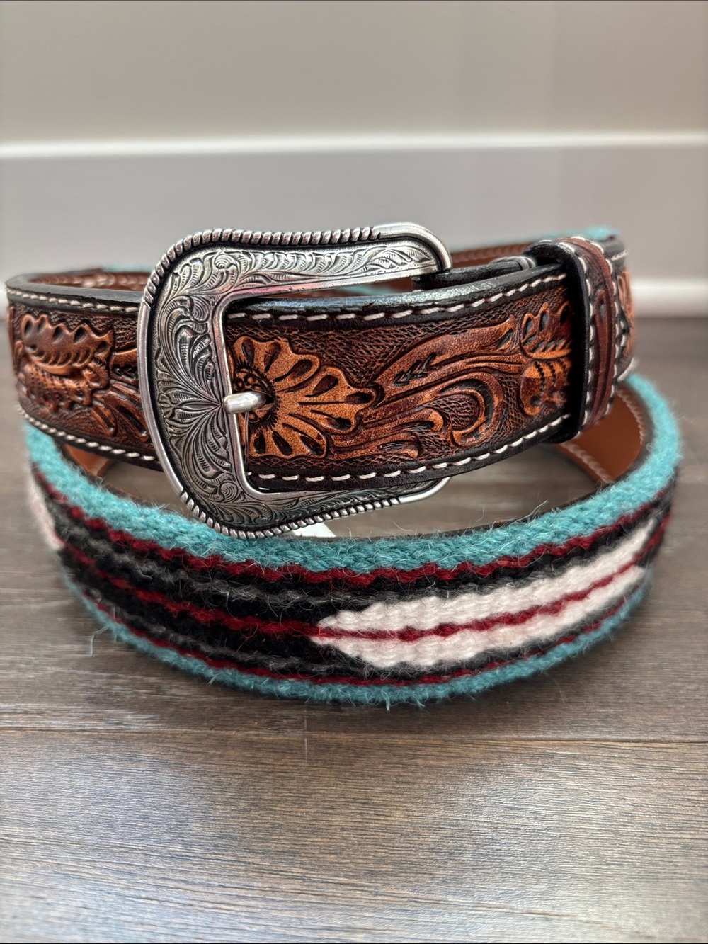 3D Belt Co. Hand tooled leather,wool blanket inlay,etched silvertone buckle